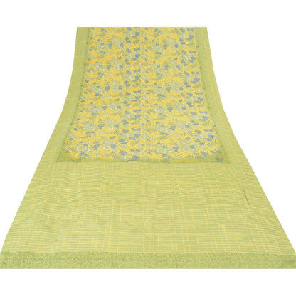 Sanskriti Vintage Sarees Lemon Green Pure Crepe Silk Print Sari 5yd Craft Sustainable Fabric