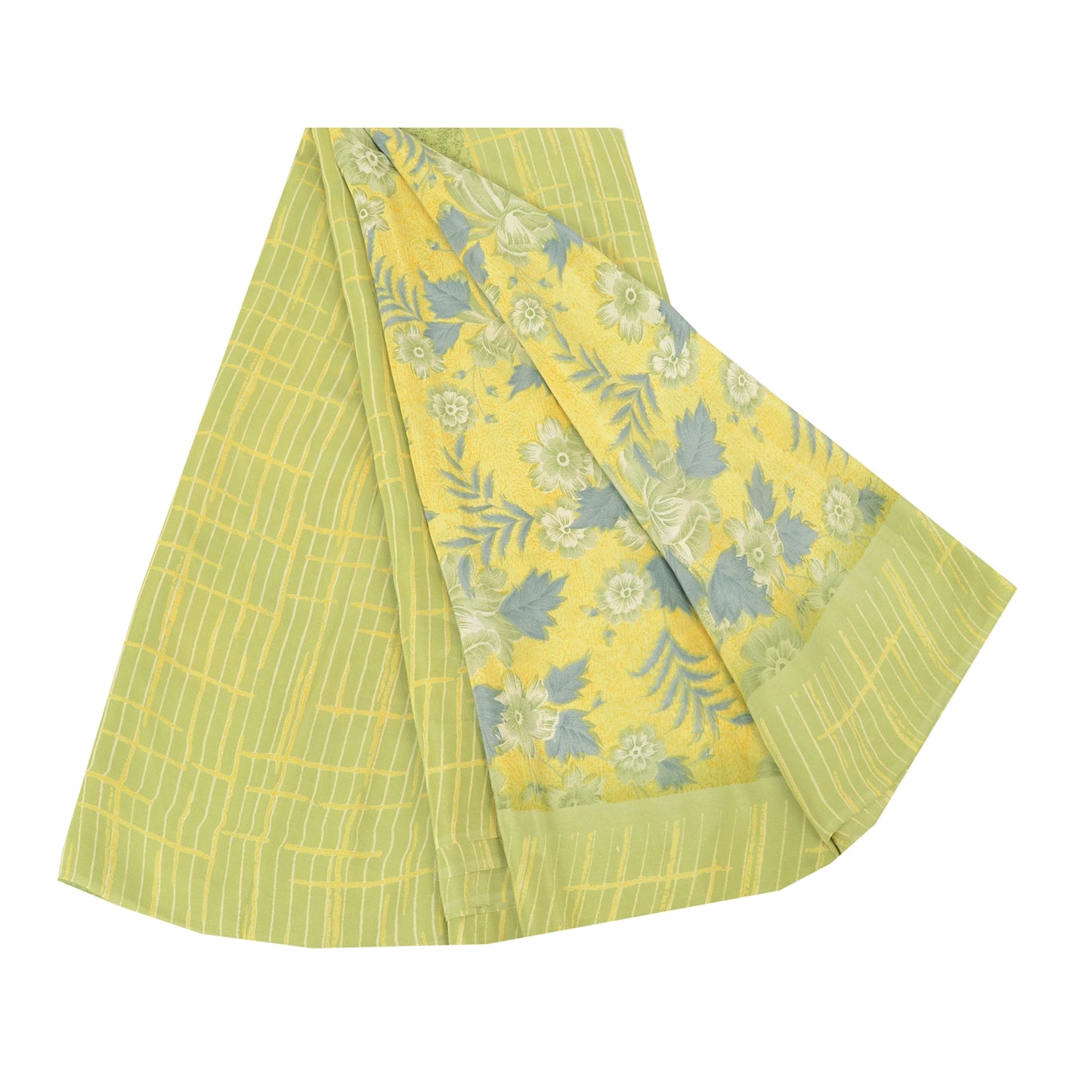 Sanskriti Vintage Sarees Lemon Green Pure Crepe Silk Print Sari 5yd Craft Sustainable Fabric