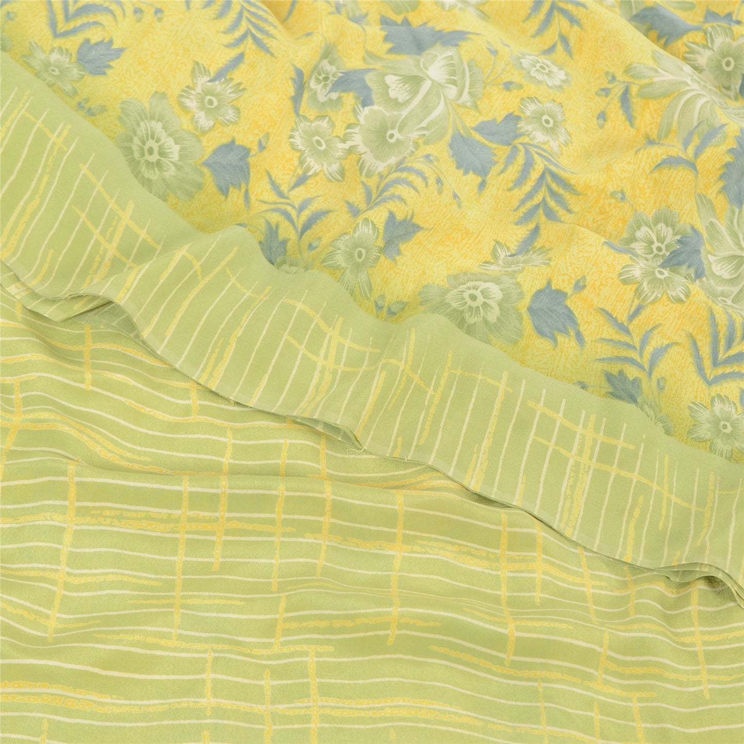 Sanskriti Vintage Sarees Lemon Green Pure Crepe Silk Print Sari 5yd Craft Sustainable Fabric