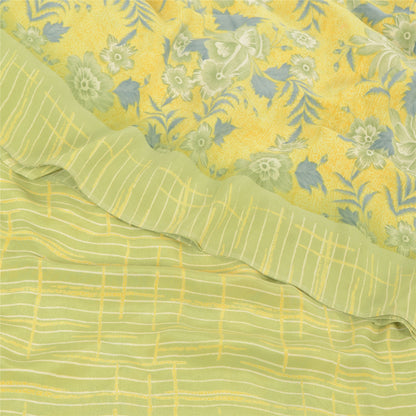 Sanskriti Vintage Sarees Lemon Green Pure Crepe Silk Print Sari 5yd Craft Sustainable Fabric