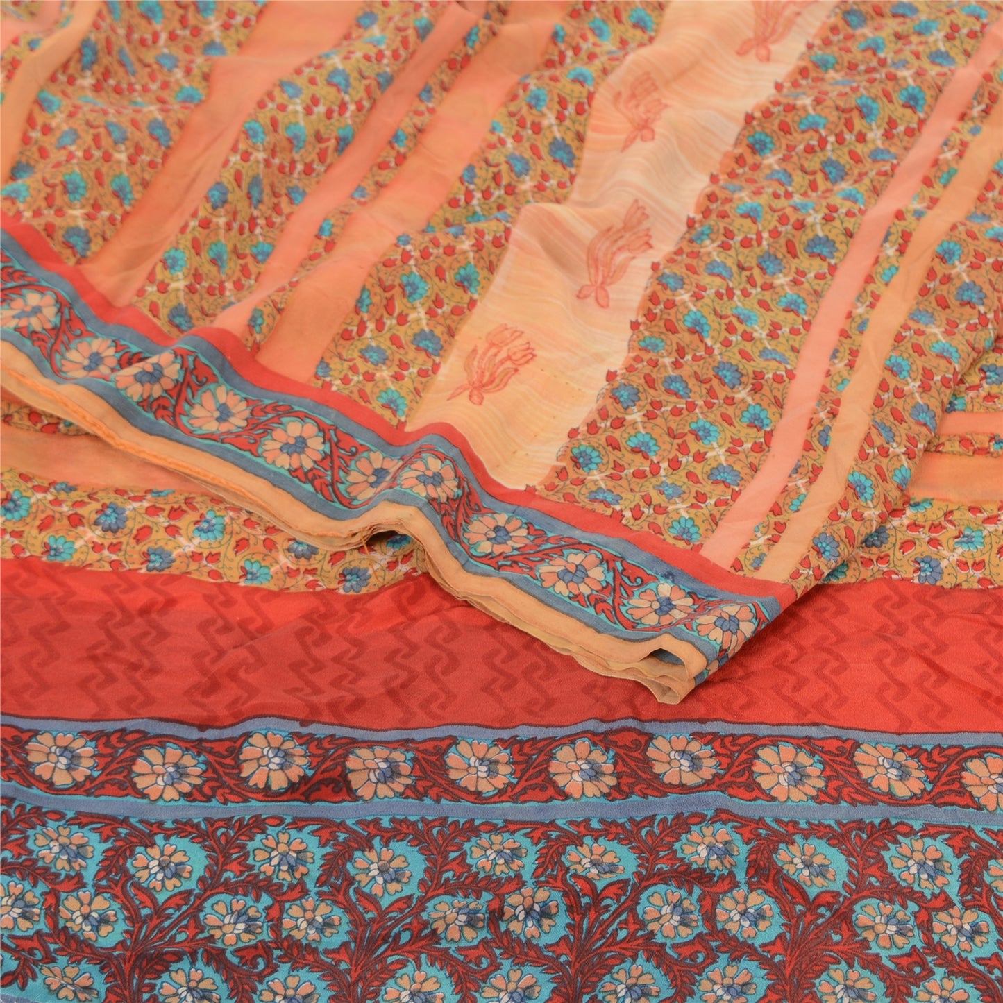 Sanskriti Vintage Sarees Peach Pure Crepe Silk Printed Sari 5yd Craft Sustainable Fabric
