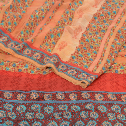 Sanskriti Vintage Sarees Peach Pure Crepe Silk Printed Sari 5yd Craft Sustainable Fabric