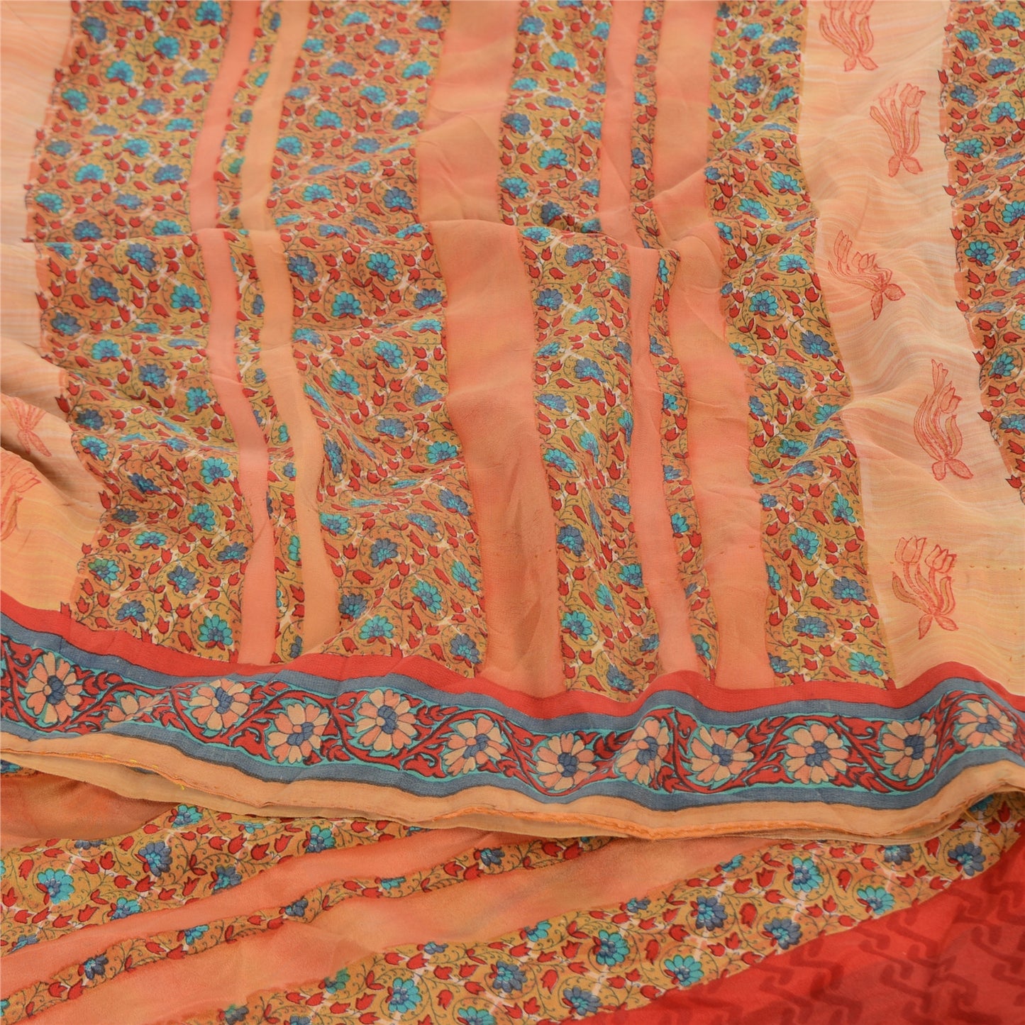 Sanskriti Vintage Sarees Peach Pure Crepe Silk Printed Sari 5yd Craft Sustainable Fabric