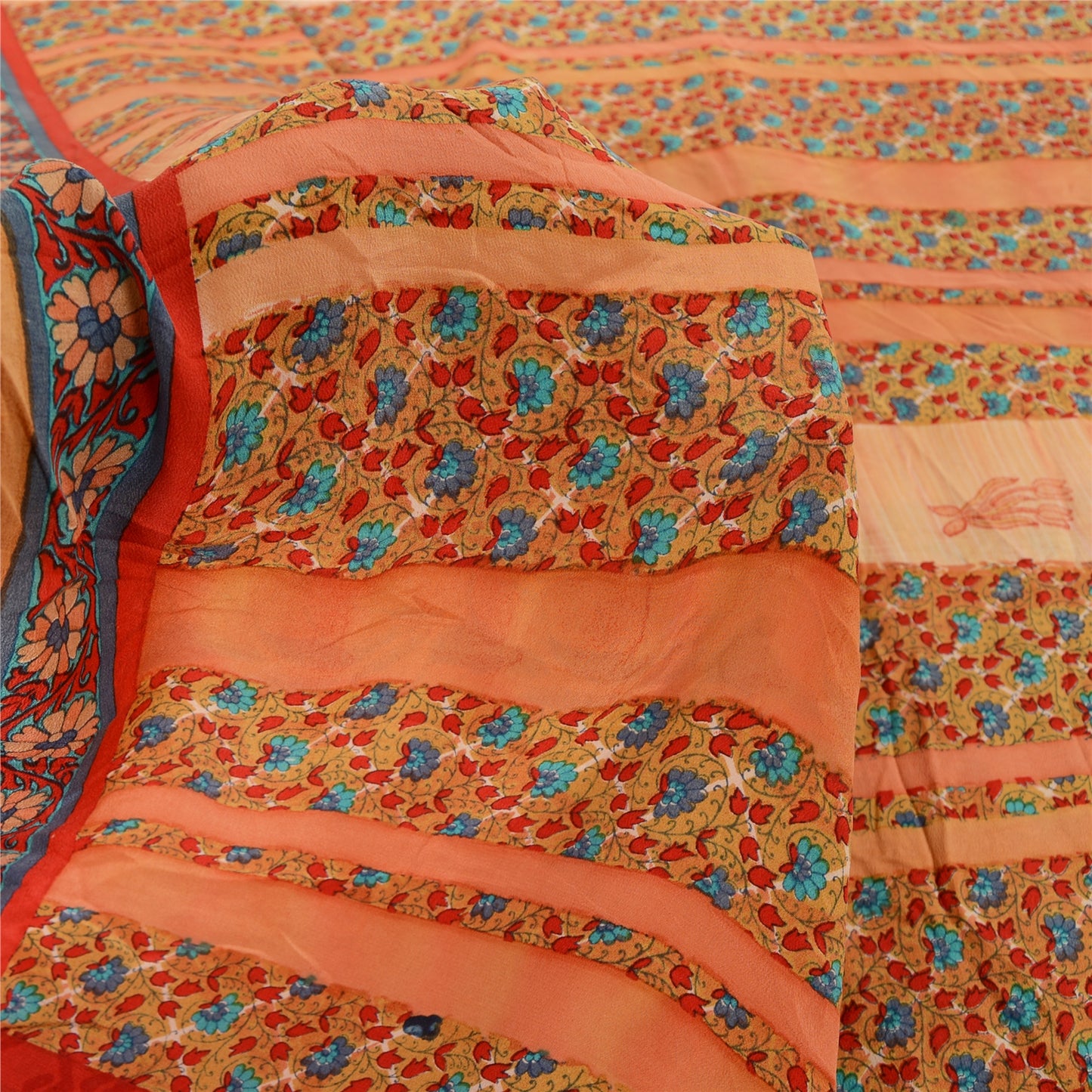 Sanskriti Vintage Sarees Peach Pure Crepe Silk Printed Sari 5yd Craft Sustainable Fabric