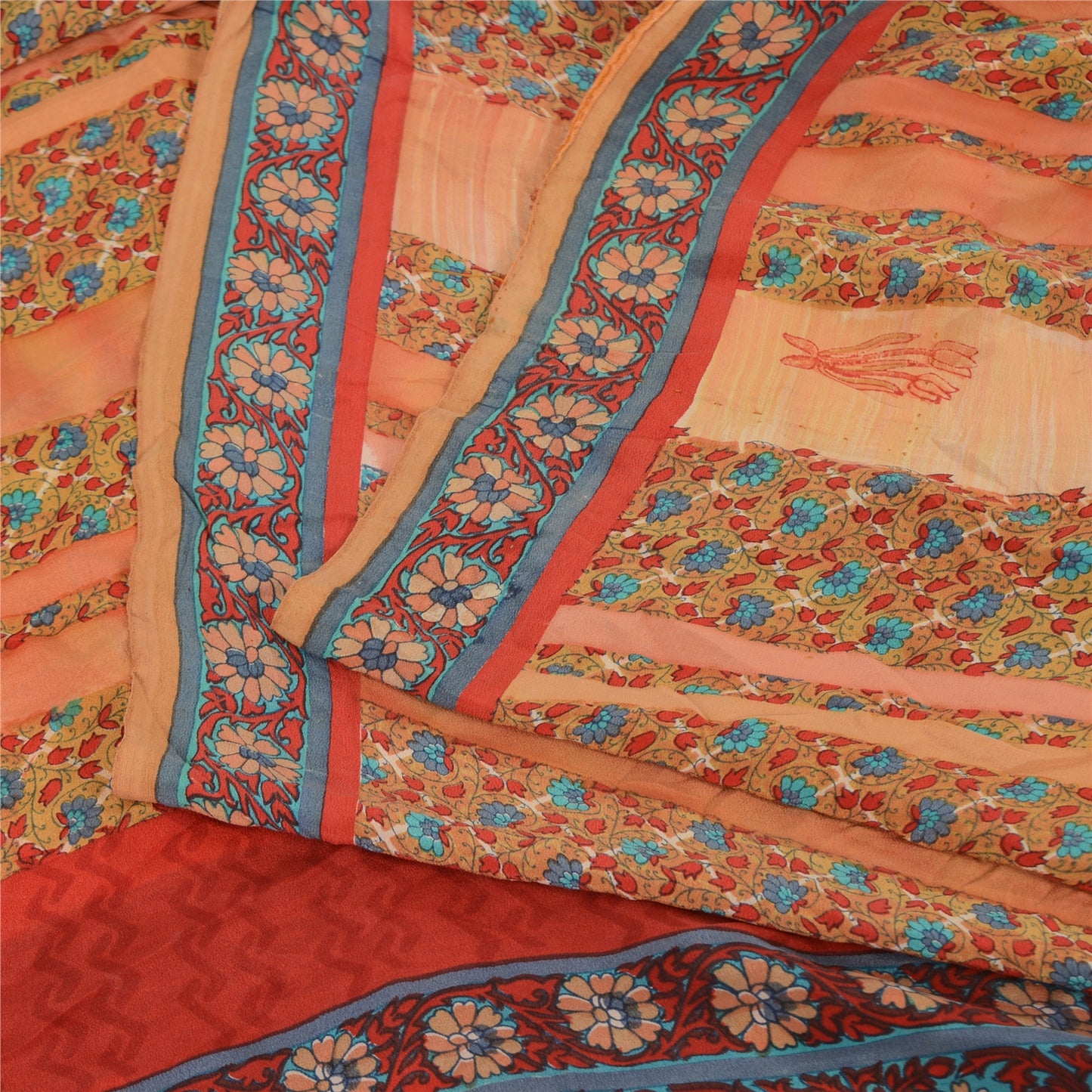 Sanskriti Vintage Sarees Peach Pure Crepe Silk Printed Sari 5yd Craft Sustainable Fabric