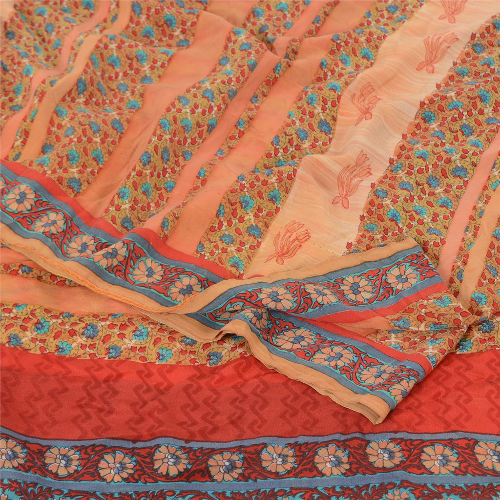 Sanskriti Vintage Sarees Peach Pure Crepe Silk Printed Sari 5yd Craft Sustainable Fabric