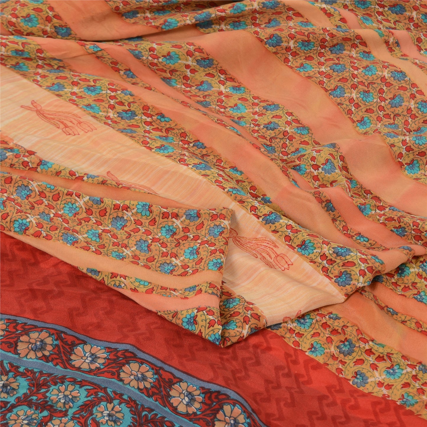 Sanskriti Vintage Sarees Peach Pure Crepe Silk Printed Sari 5yd Craft Sustainable Fabric