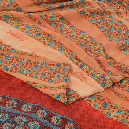 Sanskriti Vintage Sarees Peach Pure Crepe Silk Printed Sari 5yd Craft Sustainable Fabric
