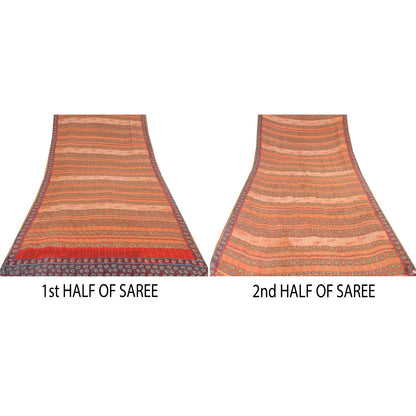 Sanskriti Vintage Sarees Peach Pure Crepe Silk Printed Sari 5yd Craft Sustainable Fabric