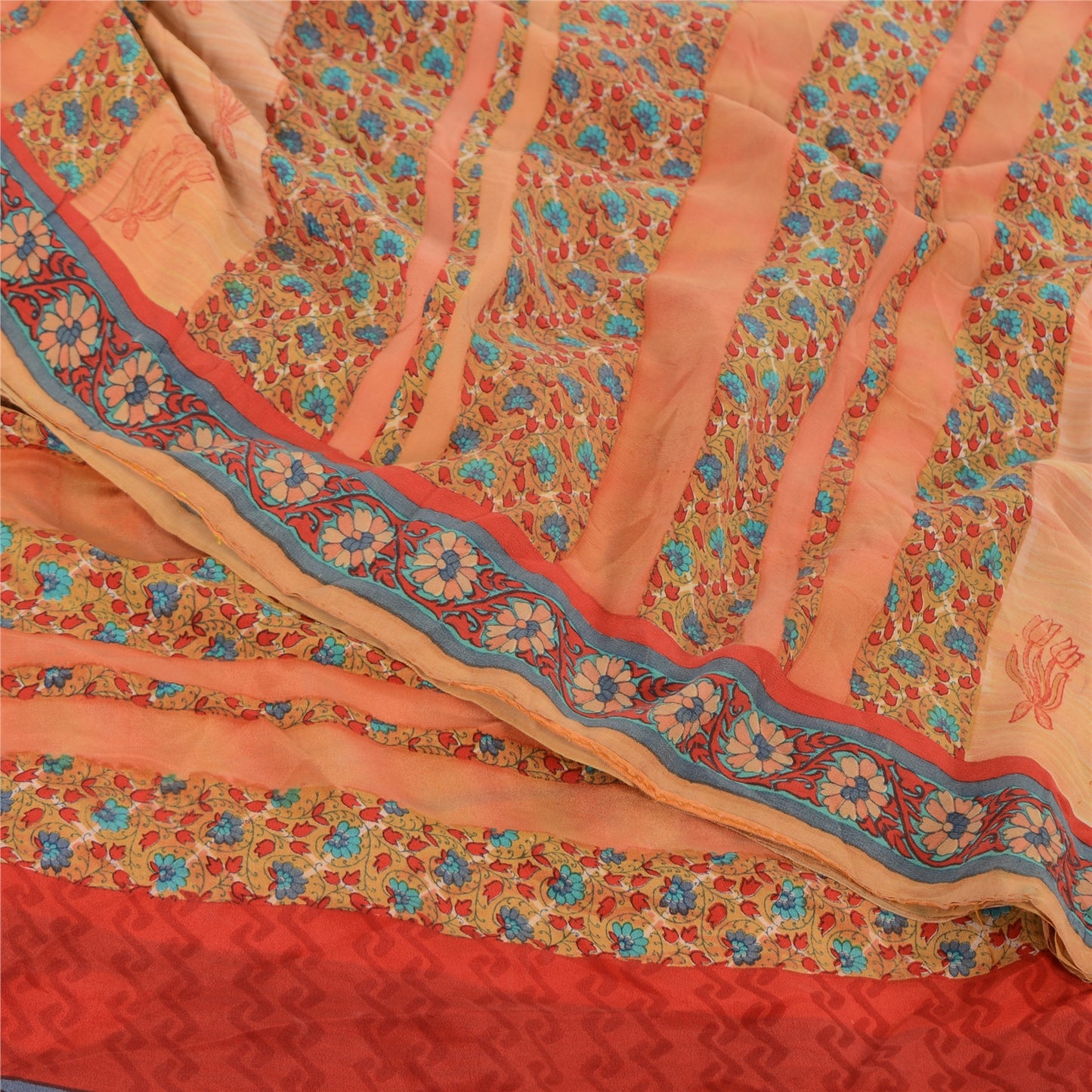Sanskriti Vintage Sarees Peach Pure Crepe Silk Printed Sari 5yd Craft Sustainable Fabric