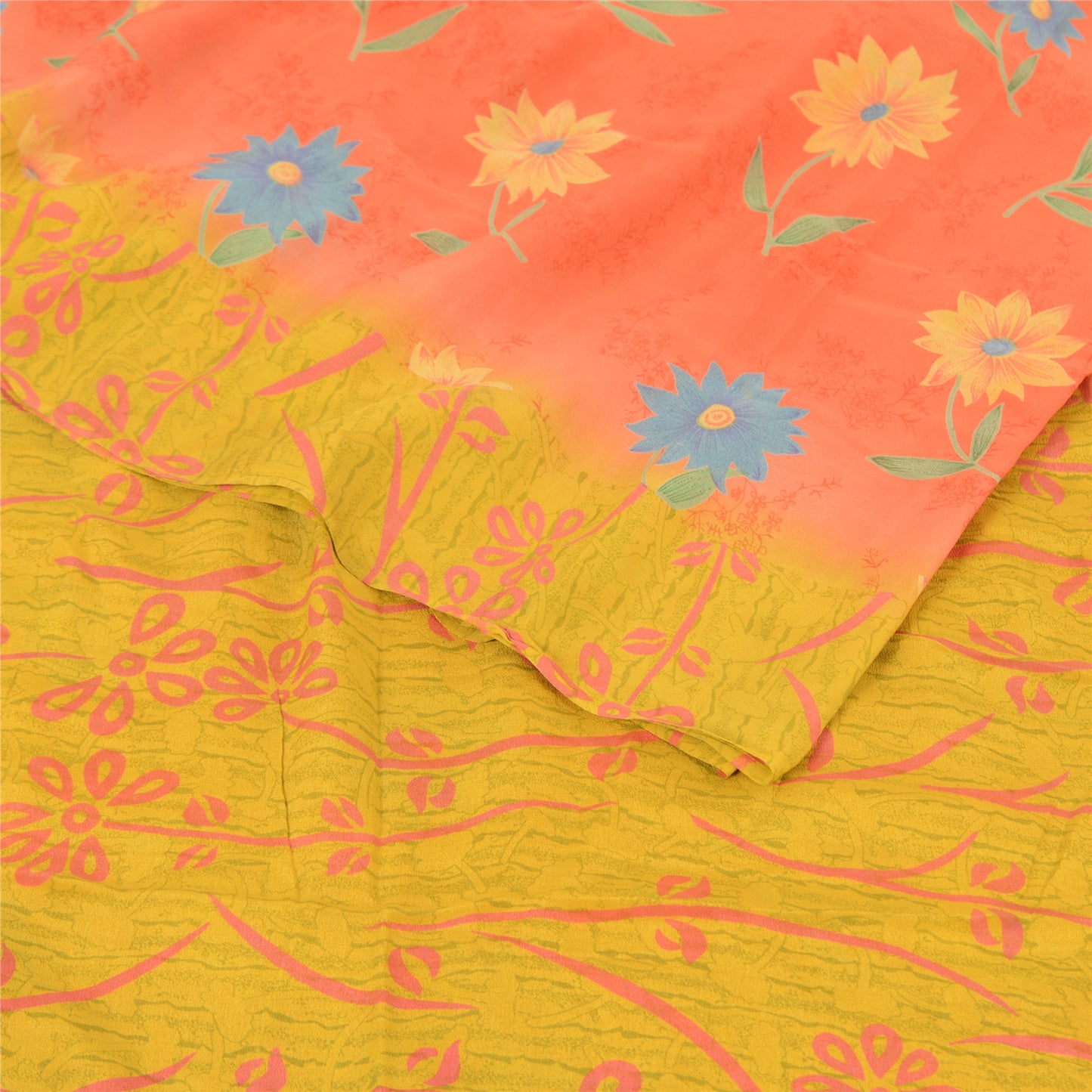 Sanskriti Vintage Sarees Pink/Yellow Pure Crepe Silk Printed Sari Craft Sustainable Fabric