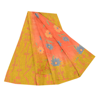 Sanskriti Vintage Sarees Pink/Yellow Pure Crepe Silk Printed Sari Craft Sustainable Fabric