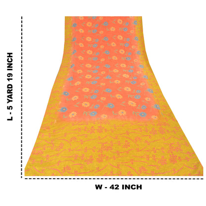 Sanskriti Vintage Sarees Pink/Yellow Pure Crepe Silk Printed Sari Craft Sustainable Fabric