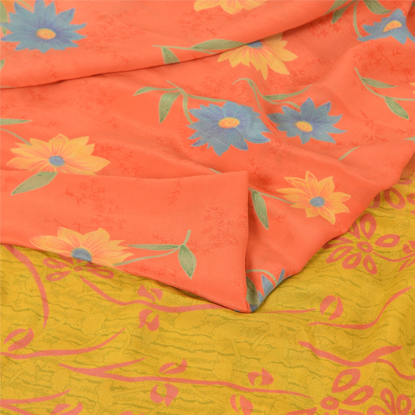 Sanskriti Vintage Sarees Pink/Yellow Pure Crepe Silk Printed Sari Craft Sustainable Fabric