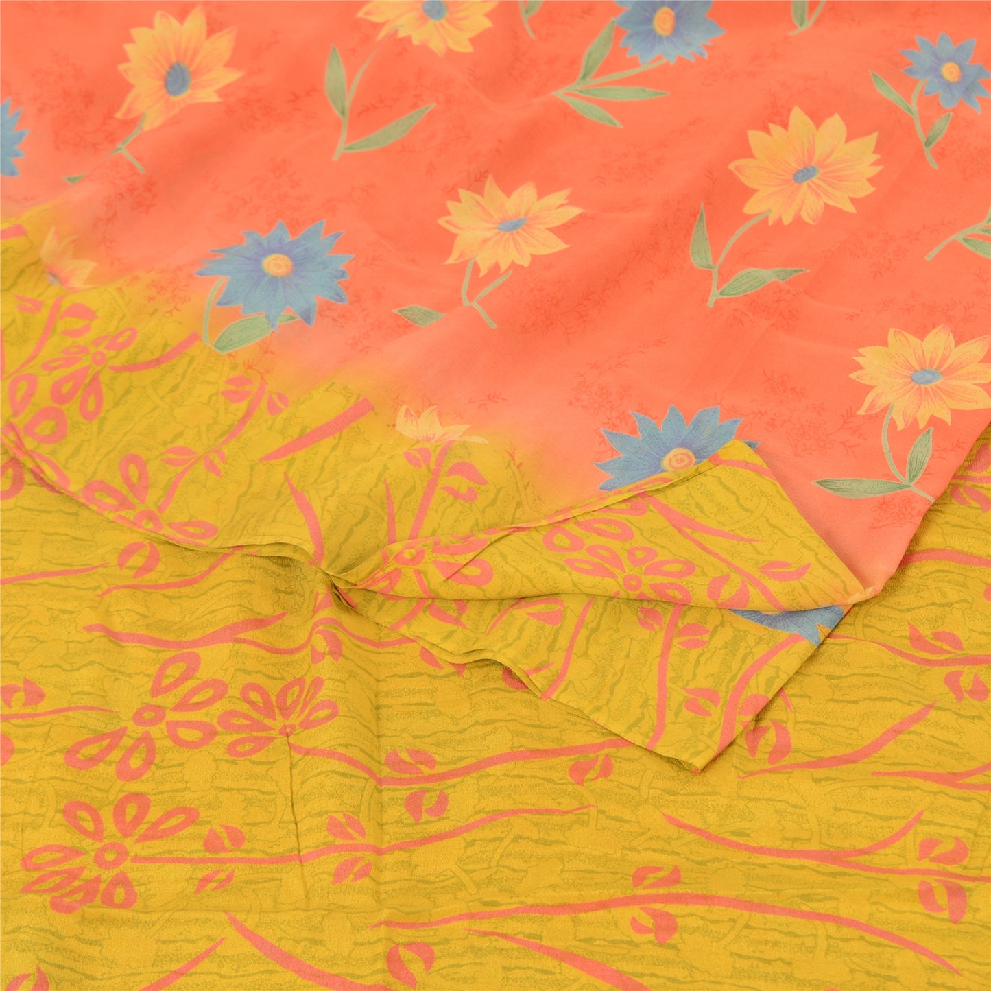 Sanskriti Vintage Sarees Pink/Yellow Pure Crepe Silk Printed Sari Craft Sustainable Fabric