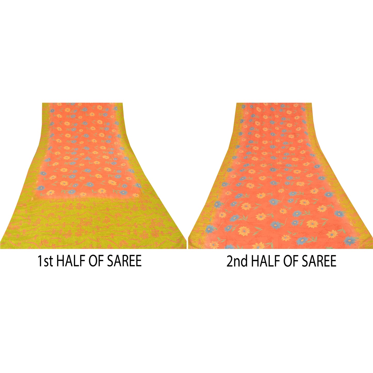 Sanskriti Vintage Sarees Pink/Yellow Pure Crepe Silk Printed Sari Craft Sustainable Fabric