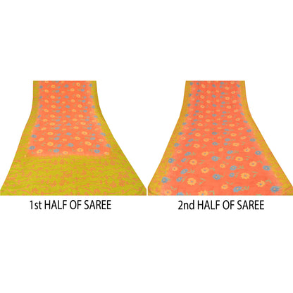 Sanskriti Vintage Sarees Pink/Yellow Pure Crepe Silk Printed Sari Craft Sustainable Fabric