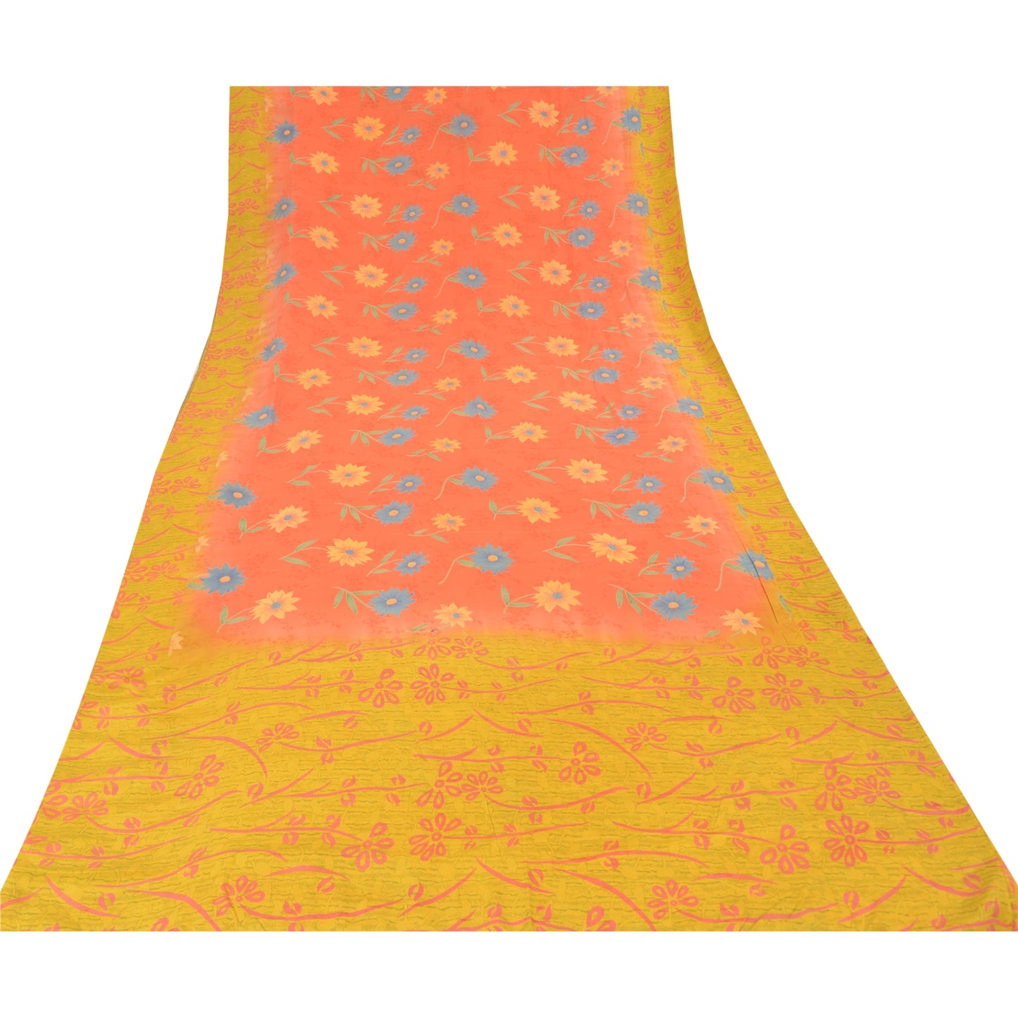 Sanskriti Vintage Sarees Pink/Yellow Pure Crepe Silk Printed Sari Craft Sustainable Fabric