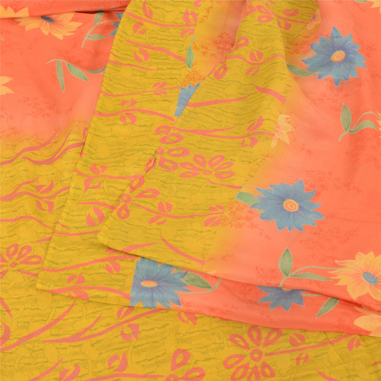 Sanskriti Vintage Sarees Pink/Yellow Pure Crepe Silk Printed Sari Craft Sustainable Fabric