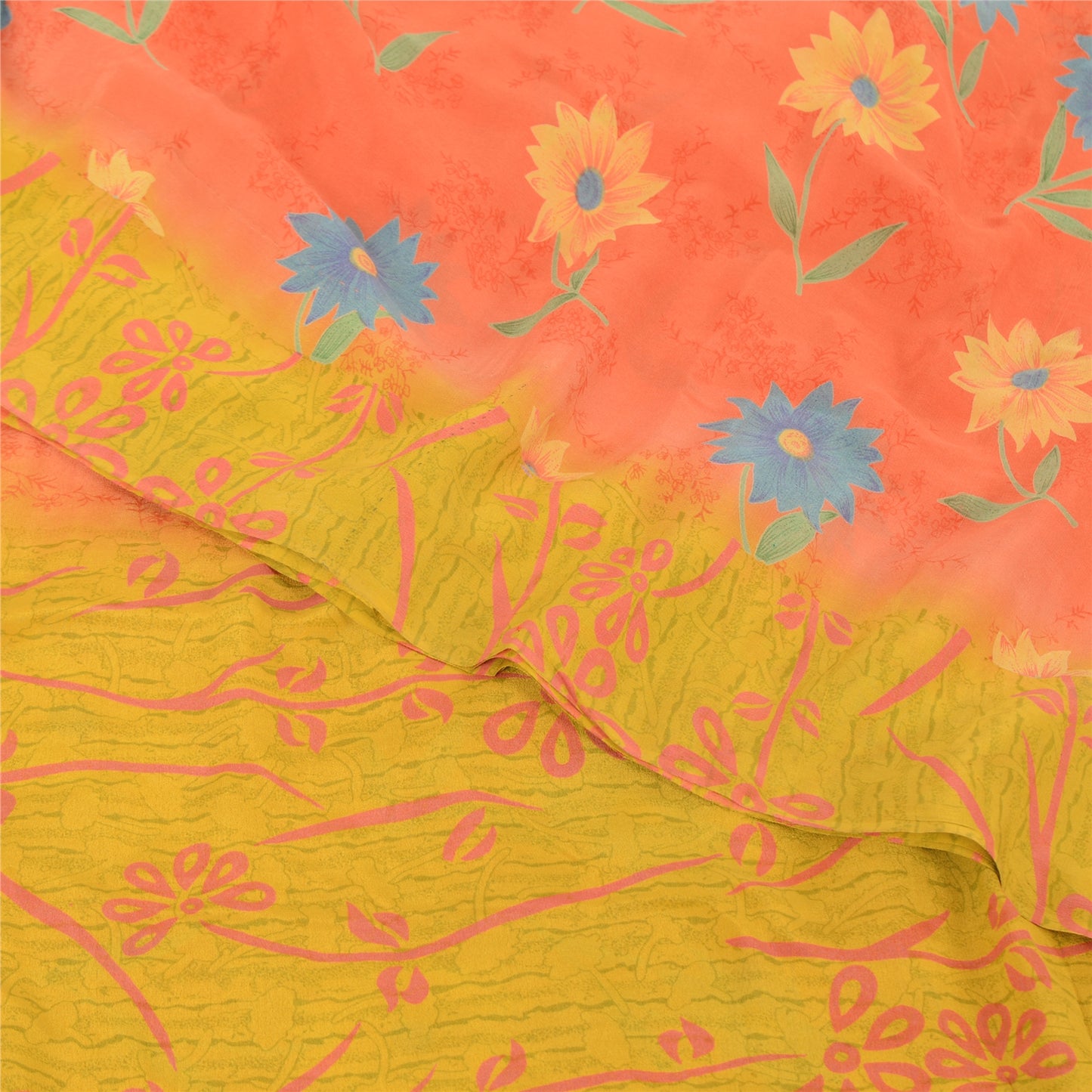 Sanskriti Vintage Sarees Pink/Yellow Pure Crepe Silk Printed Sari Craft Sustainable Fabric