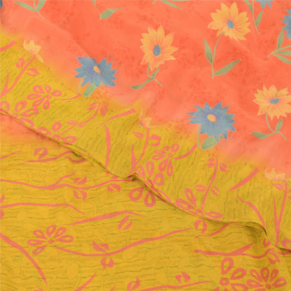 Sanskriti Vintage Sarees Pink/Yellow Pure Crepe Silk Printed Sari Craft Sustainable Fabric