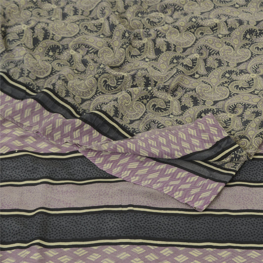 Sanskriti Vintage Sarees Black Pure Crepe Silk Printed Sari 5yd Craft Sustainable Fabric