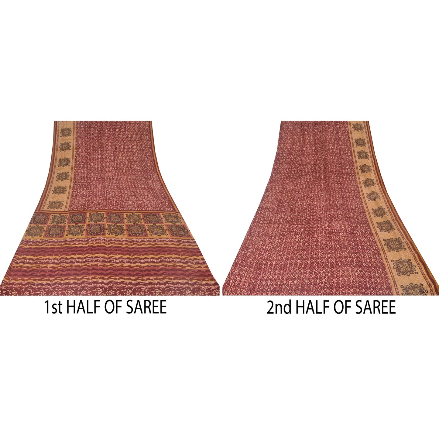 Sanskriti Vintage Sarees Red 100% Pure Crepe Silk Printed Sari 5yd Craft Sustainable Fabric