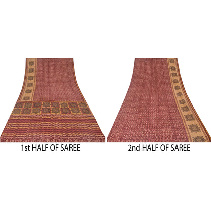 Sanskriti Vintage Sarees Red 100% Pure Crepe Silk Printed Sari 5yd Craft Sustainable Fabric