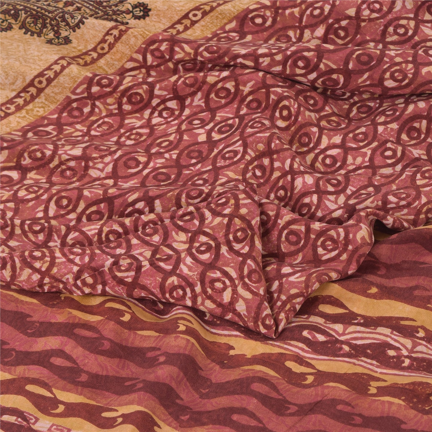 Sanskriti Vintage Sarees Red 100% Pure Crepe Silk Printed Sari 5yd Craft Sustainable Fabric