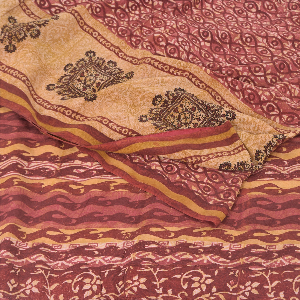 Sanskriti Vintage Sarees Red 100% Pure Crepe Silk Printed Sari 5yd Craft Sustainable Fabric