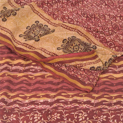 Sanskriti Vintage Sarees Red 100% Pure Crepe Silk Printed Sari 5yd Craft Sustainable Fabric