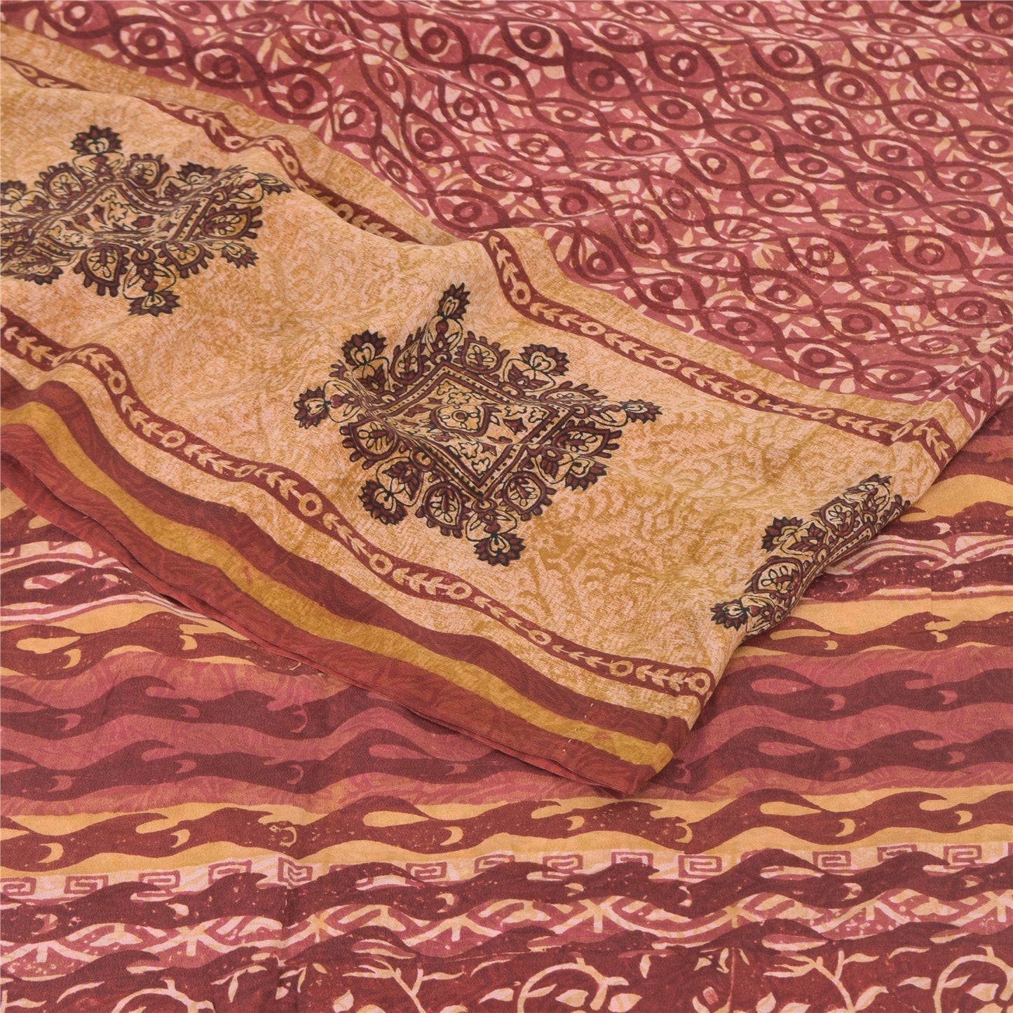 Sanskriti Vintage Sarees Red 100% Pure Crepe Silk Printed Sari 5yd Craft Sustainable Fabric