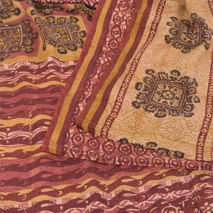 Sanskriti Vintage Sarees Red 100% Pure Crepe Silk Printed Sari 5yd Craft Sustainable Fabric