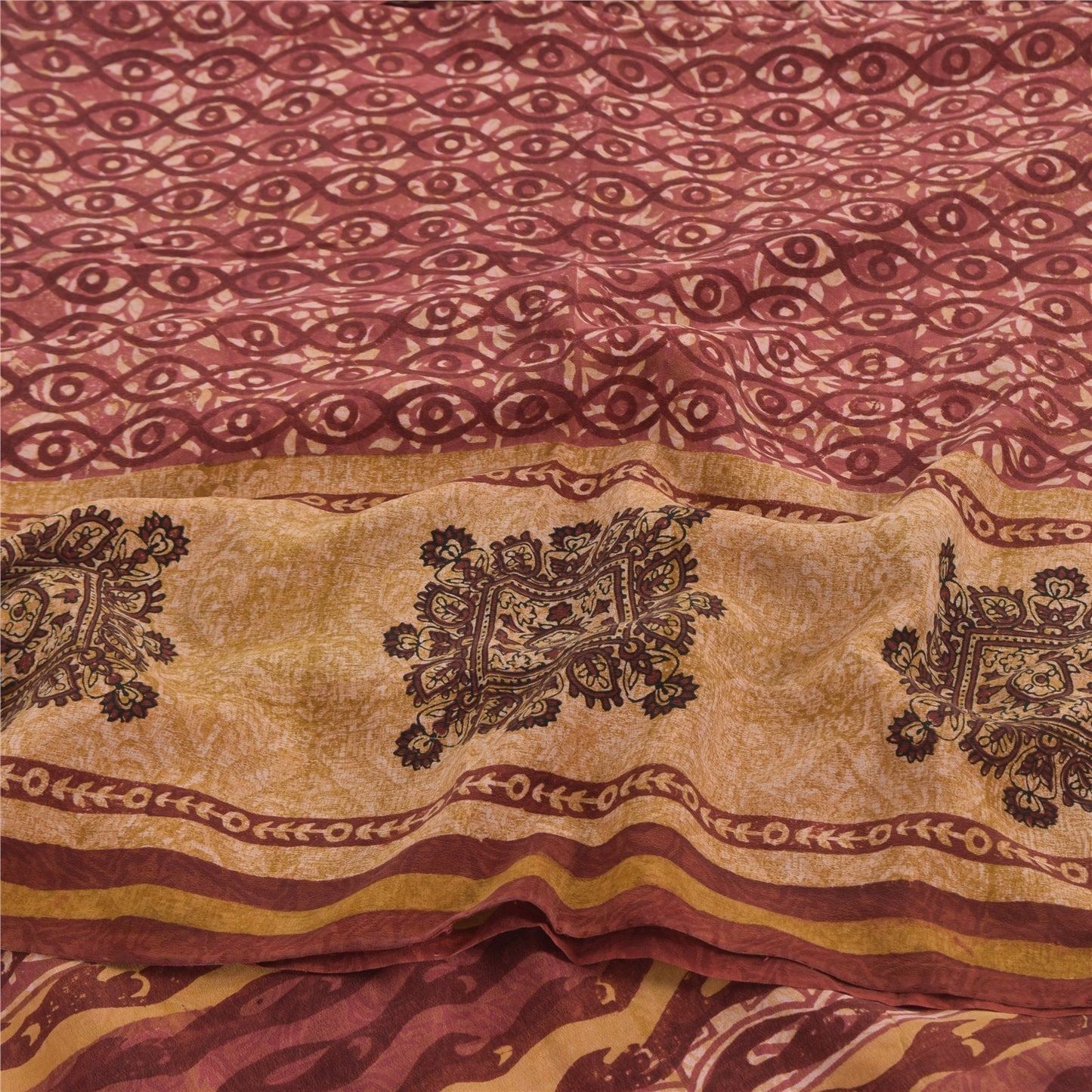 Sanskriti Vintage Sarees Red 100% Pure Crepe Silk Printed Sari 5yd Craft Sustainable Fabric