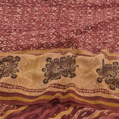 Sanskriti Vintage Sarees Red 100% Pure Crepe Silk Printed Sari 5yd Craft Sustainable Fabric