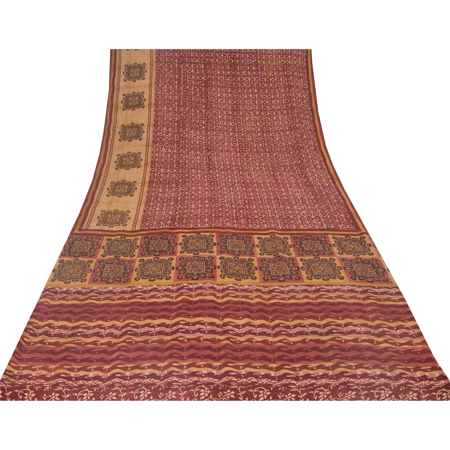 Sanskriti Vintage Sarees Red 100% Pure Crepe Silk Printed Sari 5yd Craft Sustainable Fabric