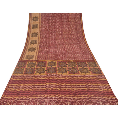 Sanskriti Vintage Sarees Red 100% Pure Crepe Silk Printed Sari 5yd Craft Sustainable Fabric