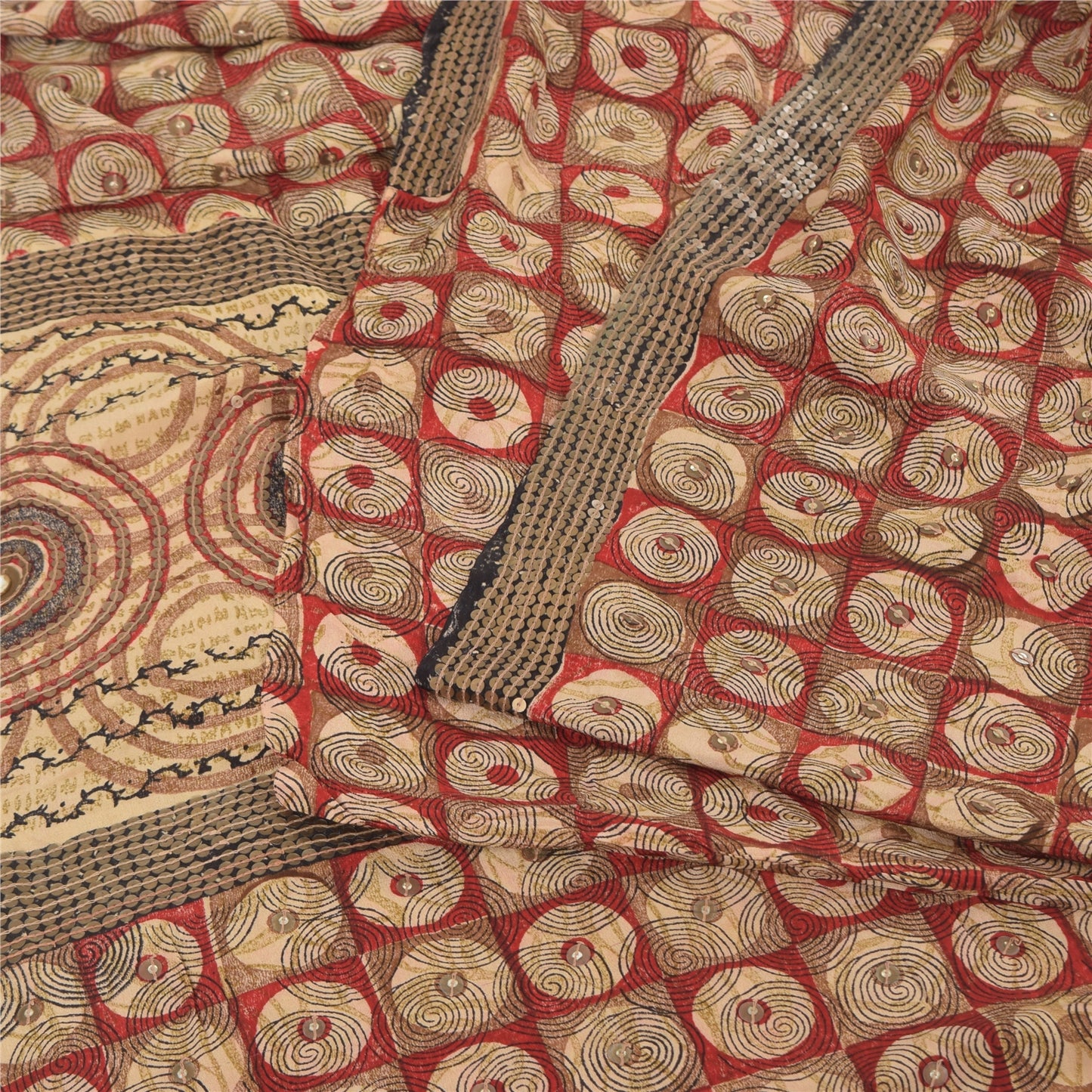 Sanskriti Vintage Sarees Red Embroidered Pure Crepe Silk Printed Sari 5yd Sustainable Fabric