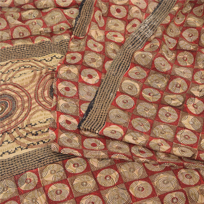 Sanskriti Vintage Sarees Red Embroidered Pure Crepe Silk Printed Sari 5yd Sustainable Fabric