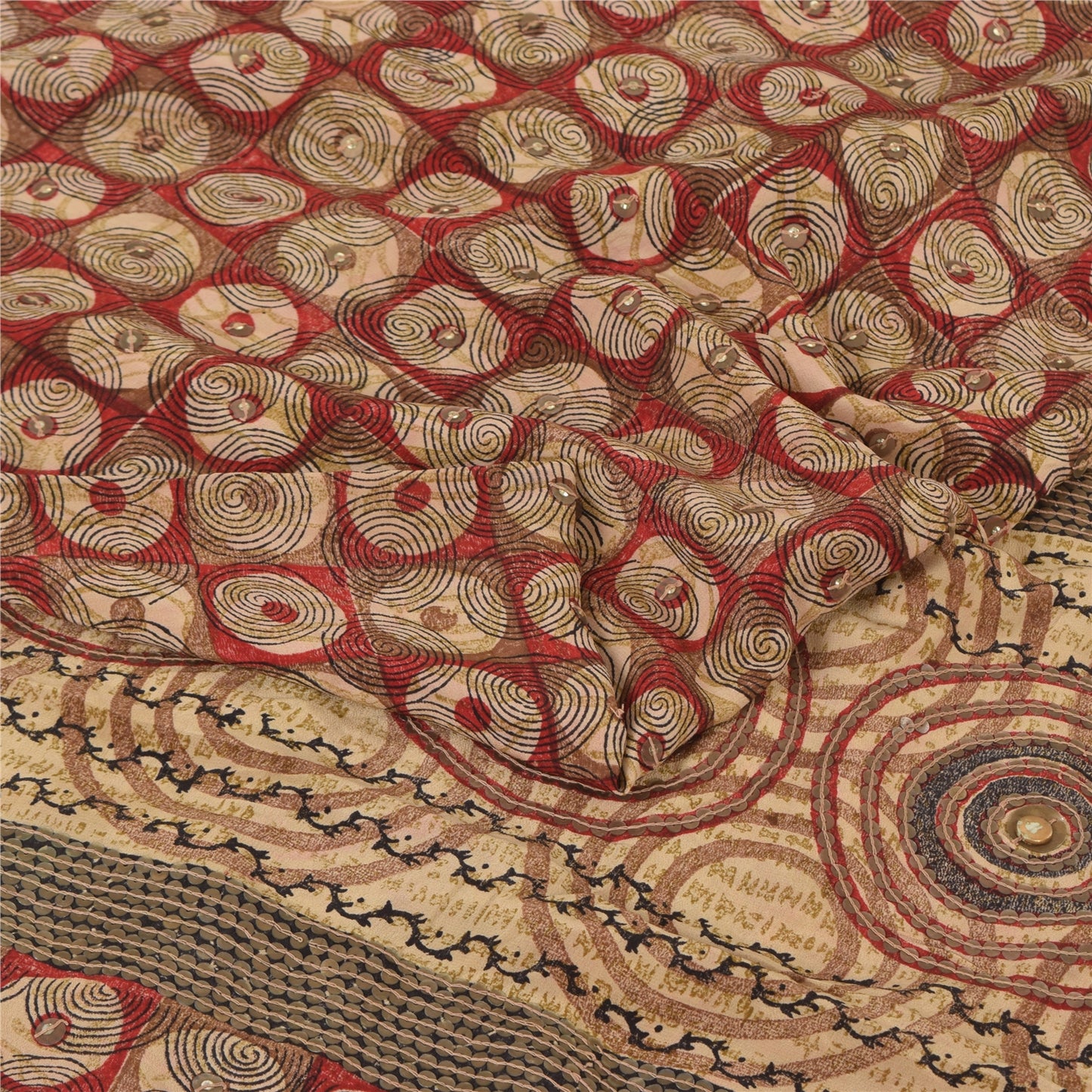 Sanskriti Vintage Sarees Red Embroidered Pure Crepe Silk Printed Sari 5yd Sustainable Fabric