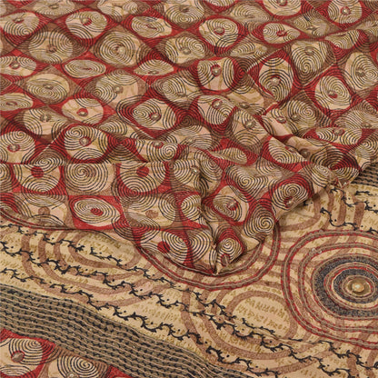Sanskriti Vintage Sarees Red Embroidered Pure Crepe Silk Printed Sari 5yd Sustainable Fabric