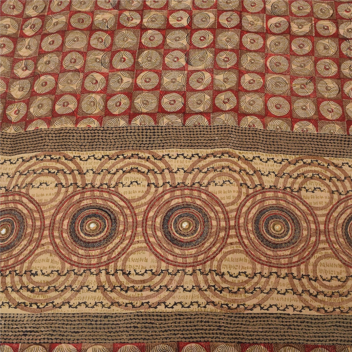 Sanskriti Vintage Sarees Red Embroidered Pure Crepe Silk Printed Sari 5yd Sustainable Fabric