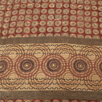 Sanskriti Vintage Sarees Red Embroidered Pure Crepe Silk Printed Sari 5yd Sustainable Fabric