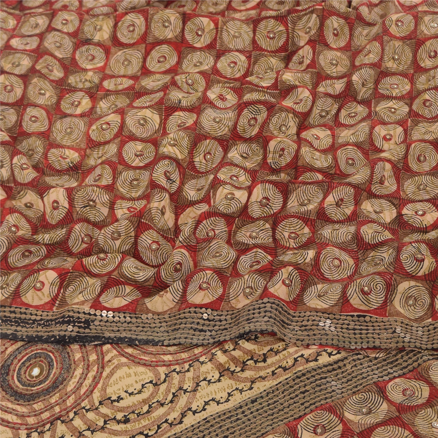 Sanskriti Vintage Sarees Red Embroidered Pure Crepe Silk Printed Sari 5yd Sustainable Fabric