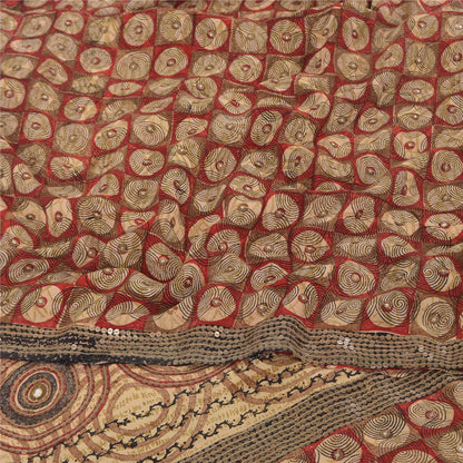 Sanskriti Vintage Sarees Red Embroidered Pure Crepe Silk Printed Sari 5yd Sustainable Fabric