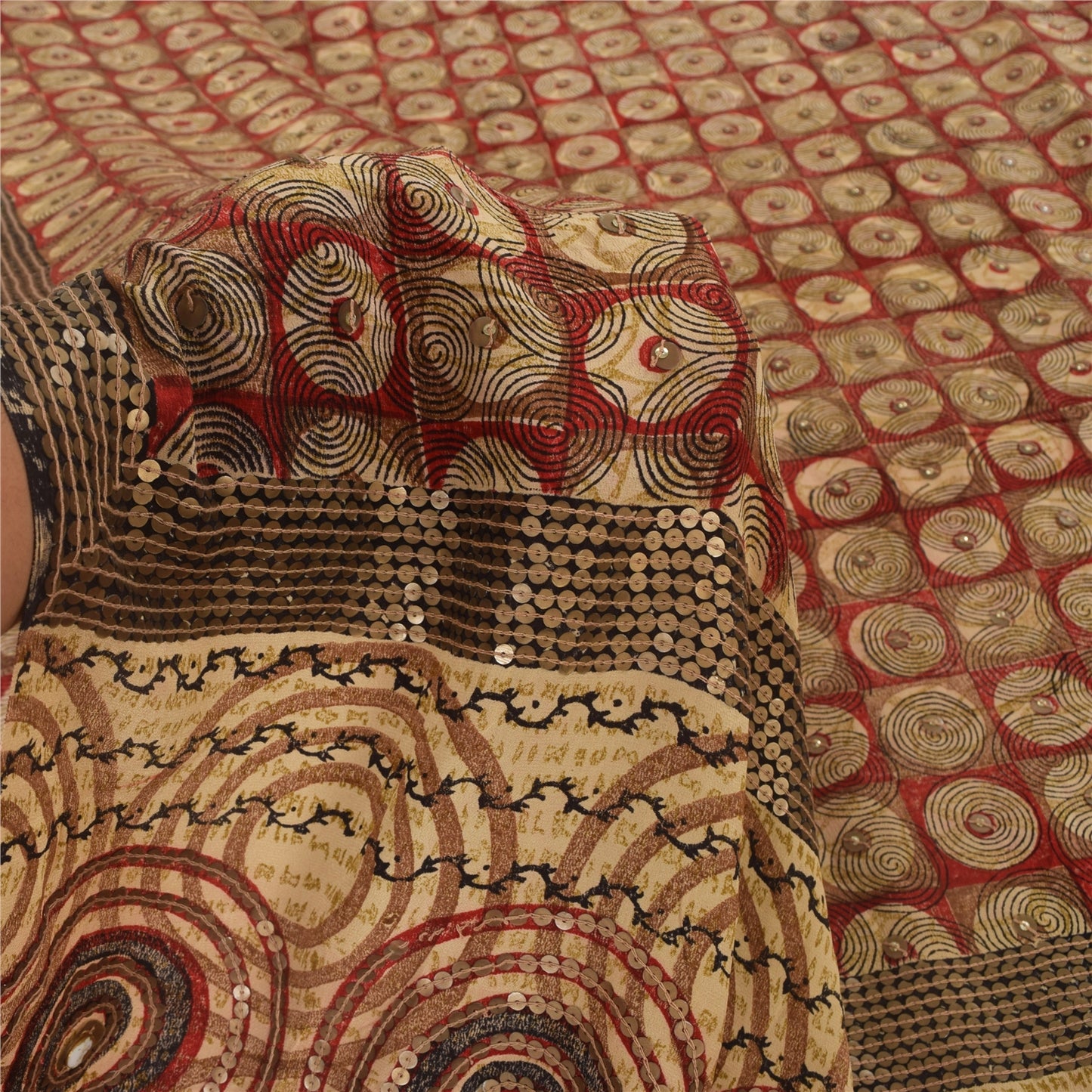 Sanskriti Vintage Sarees Red Embroidered Pure Crepe Silk Printed Sari 5yd Sustainable Fabric