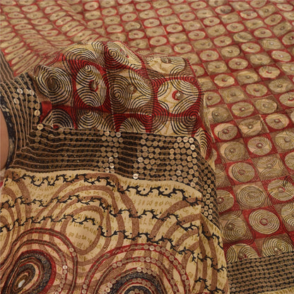 Sanskriti Vintage Sarees Red Embroidered Pure Crepe Silk Printed Sari 5yd Sustainable Fabric