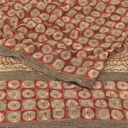 Sanskriti Vintage Sarees Red Embroidered Pure Crepe Silk Printed Sari 5yd Sustainable Fabric