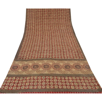 Sanskriti Vintage Sarees Red Embroidered Pure Crepe Silk Printed Sari 5yd Sustainable Fabric