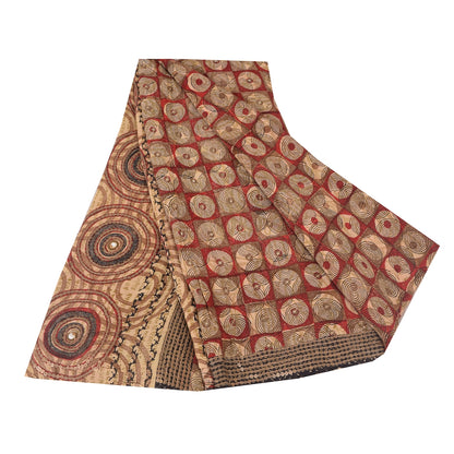 Sanskriti Vintage Sarees Red Embroidered Pure Crepe Silk Printed Sari 5yd Sustainable Fabric